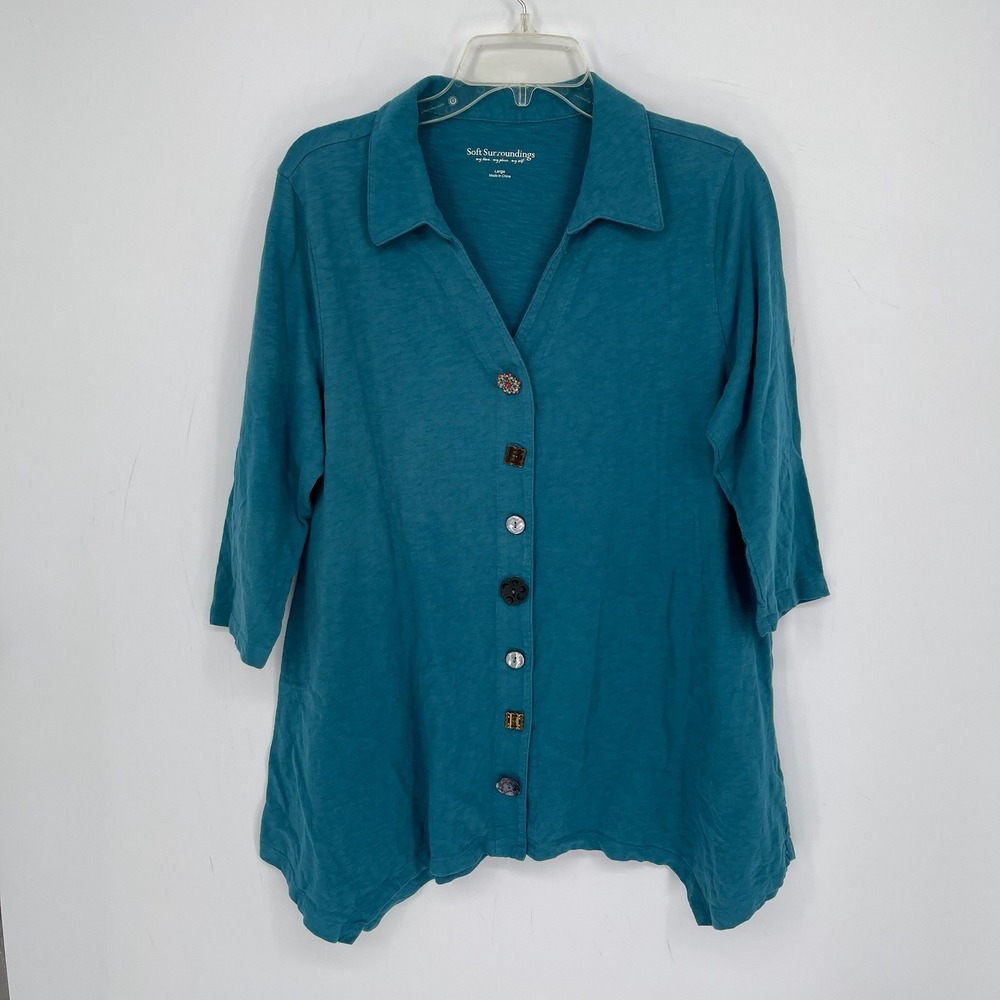 Soft Surroundings Women's Teal Slub Knit Button Front Danielle Tunic Top Size L
